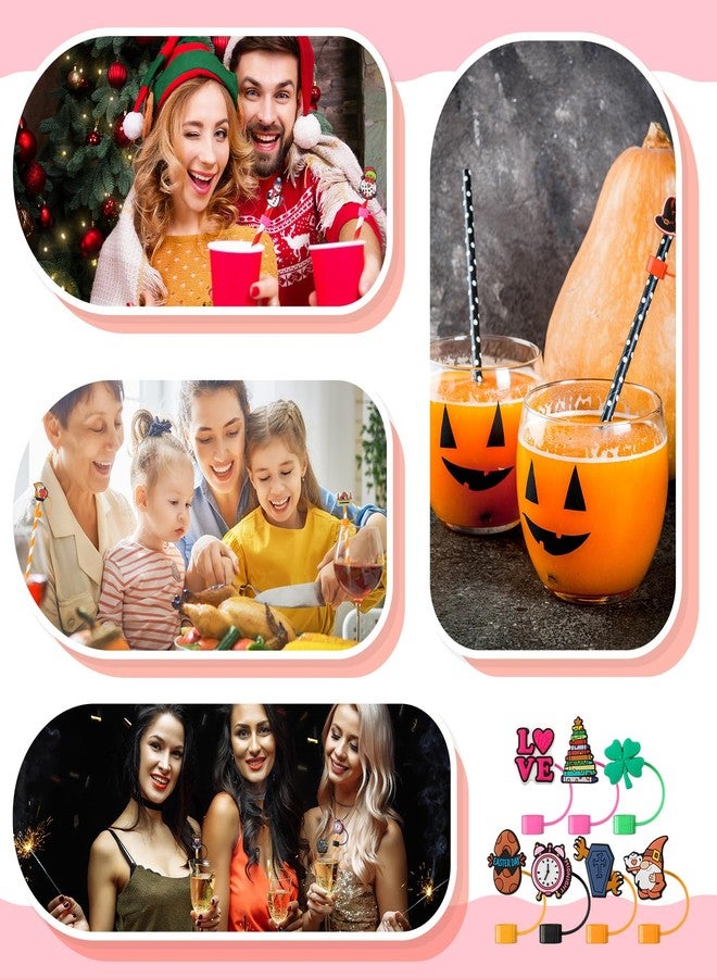 Ninehaoou 48 Pcs Holiday Straw Covers Cap Party Festival Cute Silicone Drinking Straws Tips Cover Toppers Tumblers Reusable for 9-10mm Accessories Christmas Halloween Easter Independence Day Gifts - Image 4